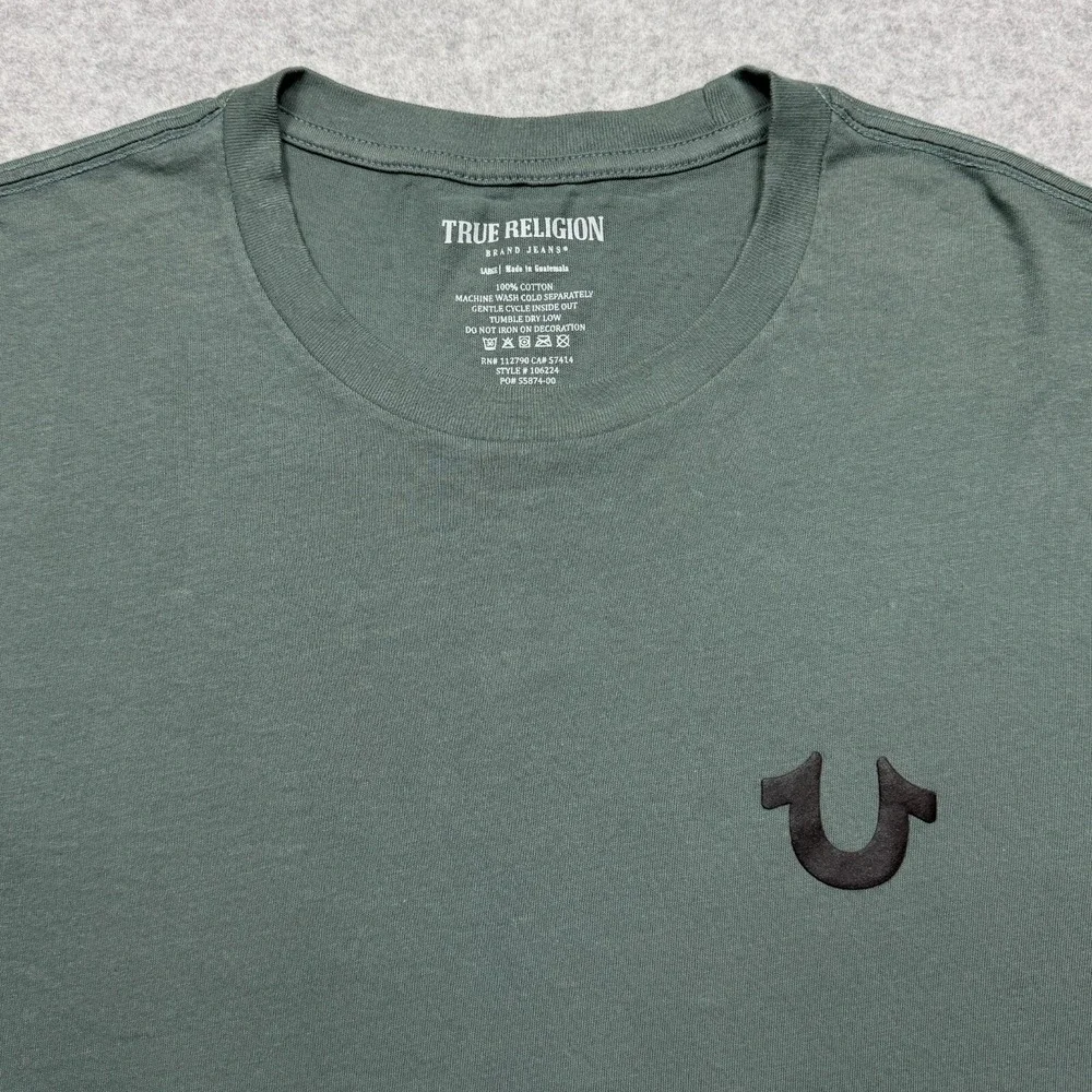 True Religion Shirt Mens Large Green Buddha Logo Seal Short Sleeve Tee *